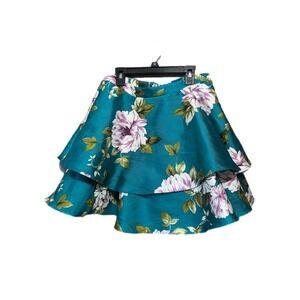 City Vibe Tiered Ruffle Skirt Womens 5 Teal Floral Mini High Waisted Excellent